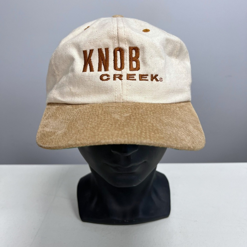 Vintage 90s Knob Creek Bourbon Whiskey Hat Suede Bill Leather Strapback Cream